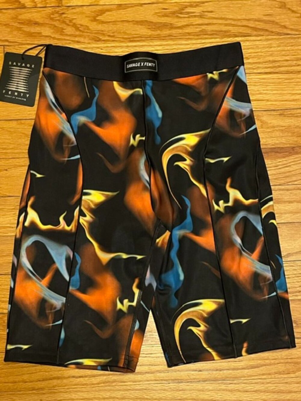 SAVAGE + FENTY Fast Lane High-Waist Shorts Black Caviar Up N Flames M NWT